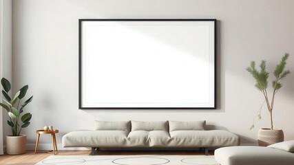 A living room wall art mockup featuring a sleek black frame against a neutral background, cozy, mockup, home decor
