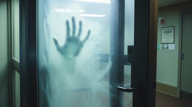 Ghostly Handprint Emerges on Frosted Glass Door Evoking Supernatural Intrigue and Unsettling Curiosity  The mysterious silhouette leaves an ominous presence hinting at the unseen forces at play