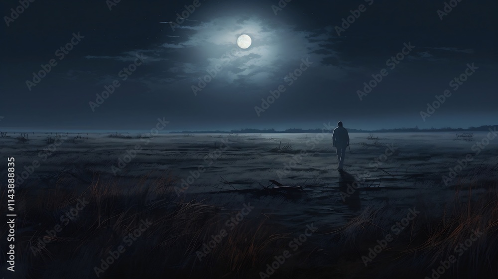 Poster enigmatic figure stands under the luminous glow of a full moon casting an ethereal presence across t