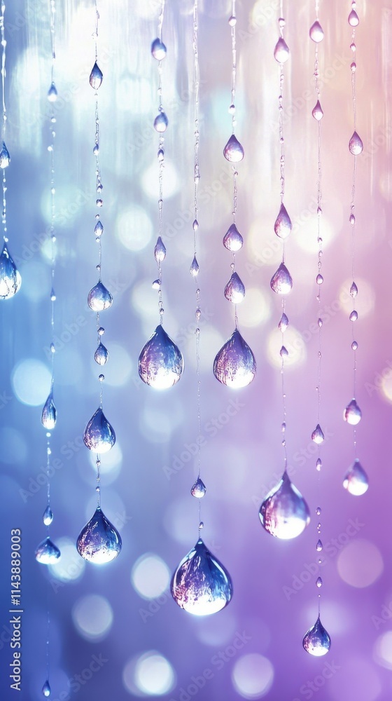 Poster Cascading water droplets create an abstract wallpaper with a soft gradient background in vibrant colors