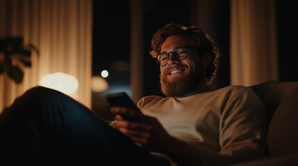 Man relaxing at home while enjoying a phone call in a cozy evening setting with warm lighting