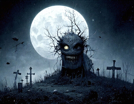A cemetery adorned with monstrous sculpture