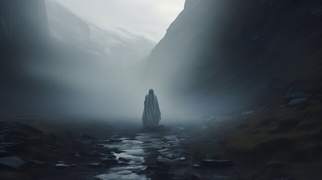 Ghostly figure emerging from the mist in a serene mountain landscape creating an eerie ethereal and mystical atmosphere The obscured silhouette evokes a sense of the supernatural and the unknown