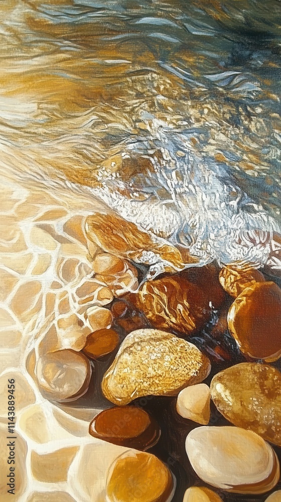 Poster flowing water glistens over smooth pebbles in a serene natural setting during daylight hours