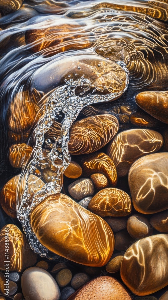 Aufkleber dynamic flow of water over smooth pebbles creates shimmering reflections in a natural stream