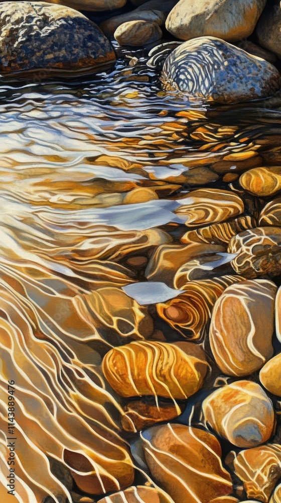 Poster flowing water gracefully dances over smooth pebbles in a serene river setting