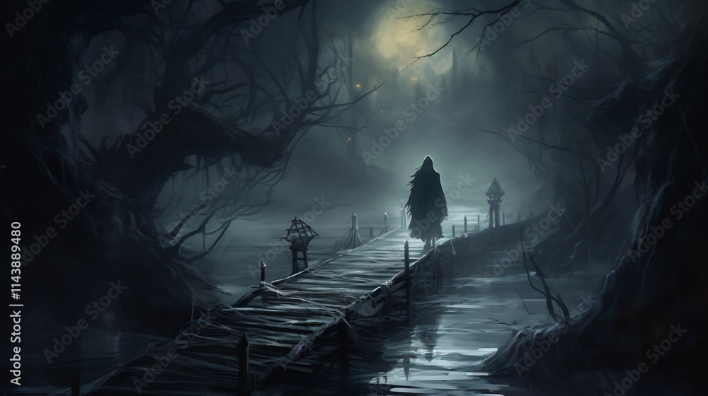 Poster haunting ghostly presence at the end of a narrow bridge in the mist an eerie supernatural atmosphere