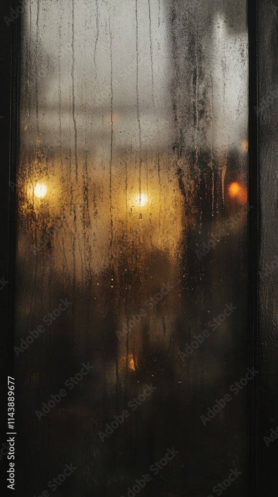 Poster abstract perspective of a rain-soaked window with blurred warm lights in a cozy indoor setting durin