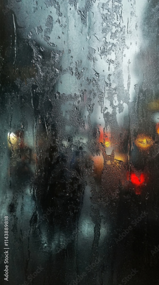Poster abstract reflection on a rain-soaked window capturing blurred lights and details of a bustling city 