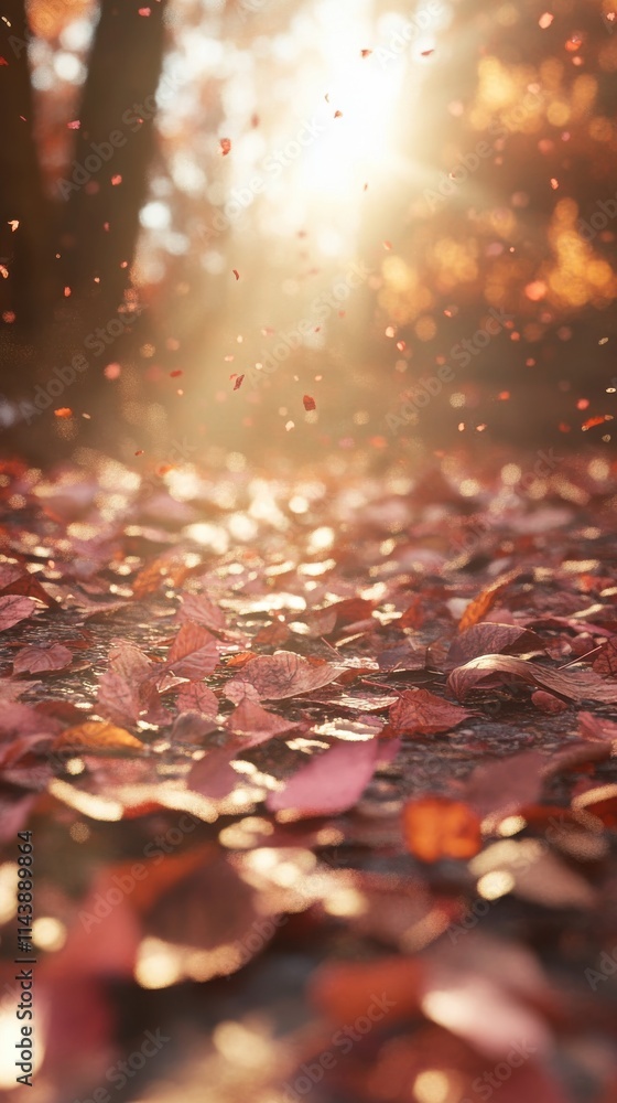 Poster sunlit forest floor illuminated by golden sunlight filtering through autumn leaves in a tranquil woo