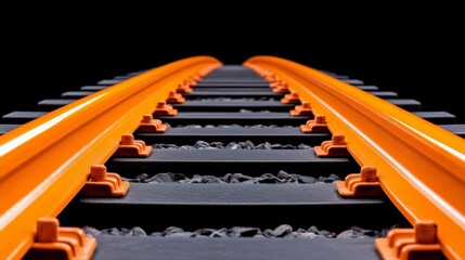 Orange Railroad Tracks: A captivating perspective shot of vibrant orange railway tracks vanishing into the dark distance, symbolizing journey, progress, and the path ahead. 