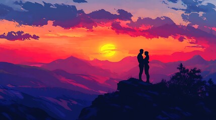 Fototapeta premium A silhouette of a couple embracing at the summit of a mountain, gazing at the breathtaking sunset with the landscape stretched out below them, creating a serene and romantic atmosphere 