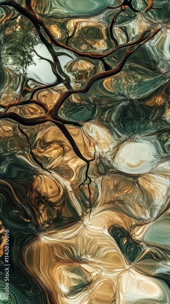 Poster Reflections of tree branches on the water surface create an abstract composition of colors and shapes in nature