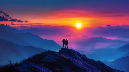 A romantic moment captured on a mountain ridge with two people standing together, silhouetted against the brilliant colors of the setting sun over the valley below 