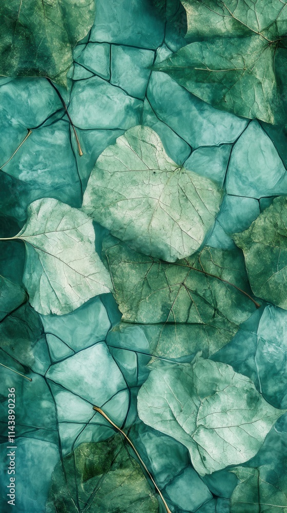 Poster Leaves create an abstract reflection on a textured surface with a cool color palette during a serene moment