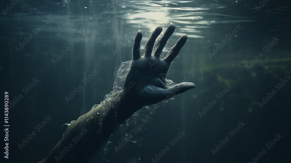 Poster ghostly ethereal hand reaching out from a pool of dark ominous water with a supernatural unsettling 
