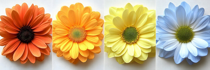 Vibrant Daisy Quartet,  Orange, Yellow, and Blue Flowers Bloom Beautifully on White Background