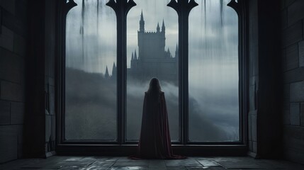 Ghostly Silhouette of a Spectral Figure Looming and Peering Down from a High Castle Window into a Moody Gloomy and Ethereal Landscape Below