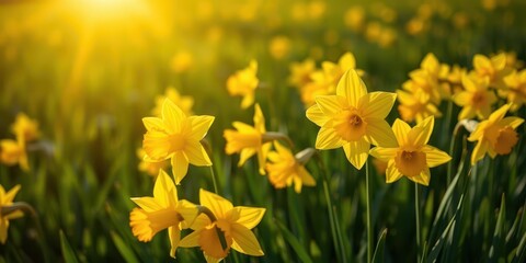 Obraz premium Vibrant yellow daffodil flowers blooming in a lush green field under the sun, field, colorful