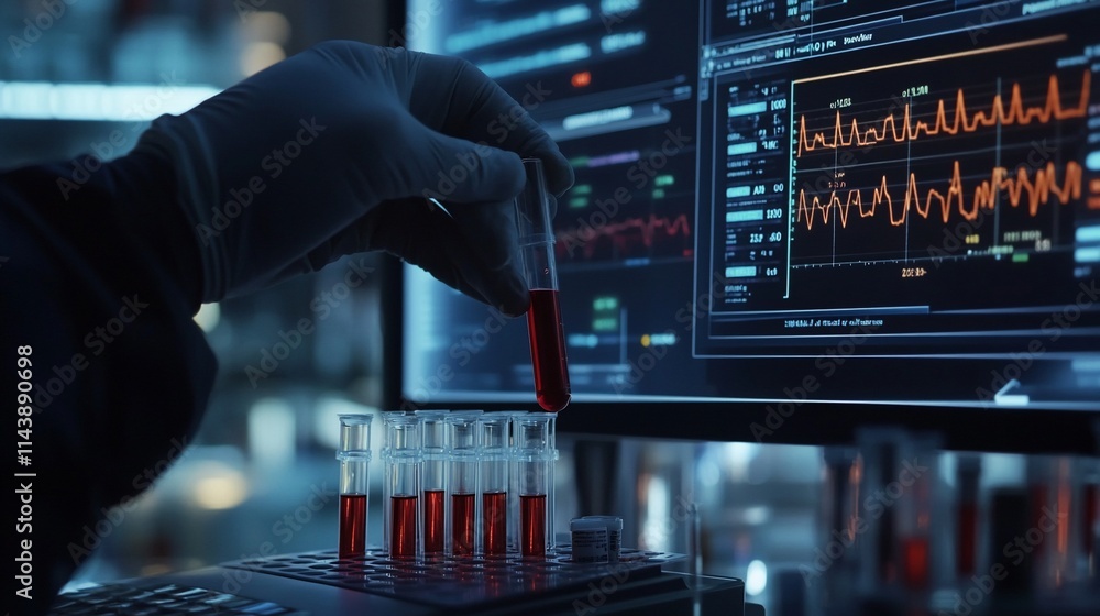 Poster laboratory scene with a hand holding a test tube and a computer displaying data.