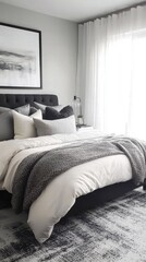 Serene contemporary bedroom with tufted headboard and gray accents