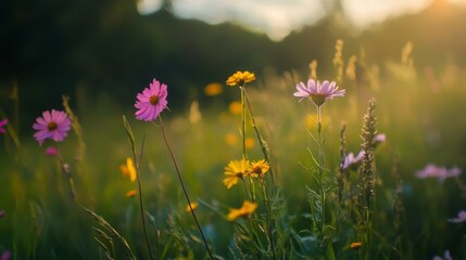 Obraz premium Vibrant Wildflower Meadow at Sunset with Colorful Blooms and Soft Focus, Capturing the Beauty of Nature in a Serene Landscape