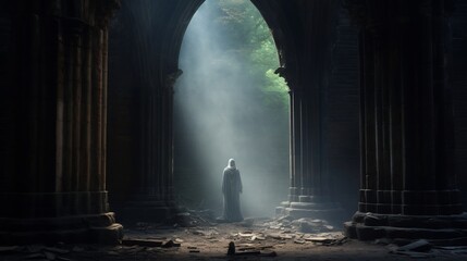 A haunting spectral figure standing in the archway of an old crumbling stone church evoking a sense of mystery and the supernatural  The ghostly presence seems to emanate from the abandoned