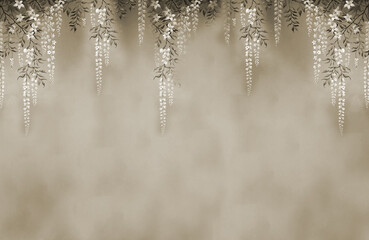 Design for walls. Photo wallpapers for the interior. A mural for design. Plants and flowers, vines descending from top to bottom. The background for the holiday. Floral ornament.