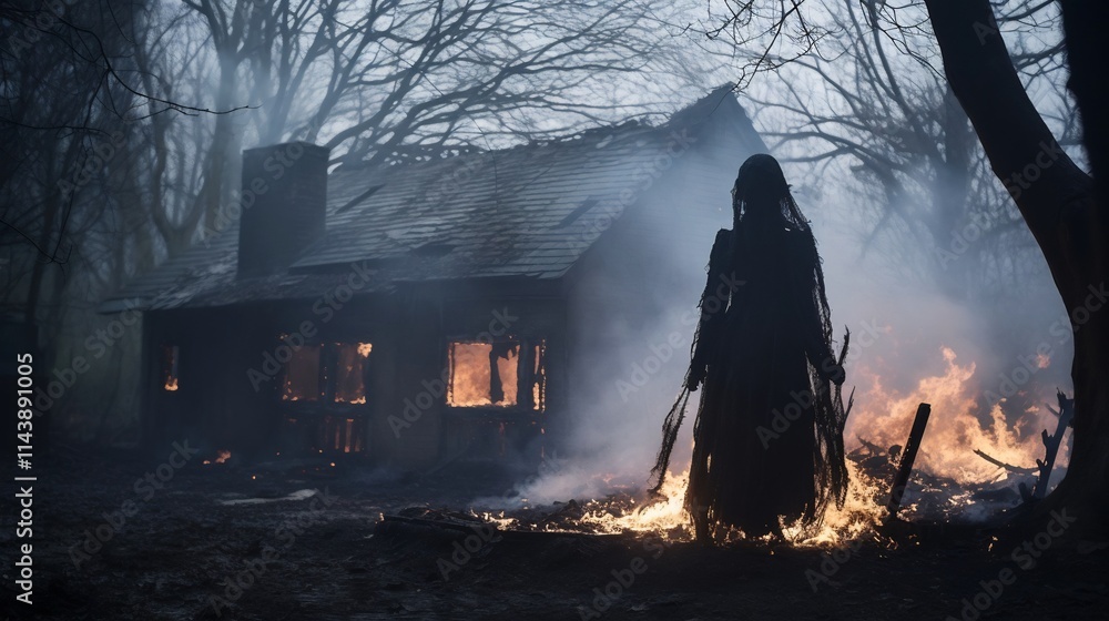 Poster a ghostly spectral figure haunting the eerie desolate remains of a burned down house creating a dark