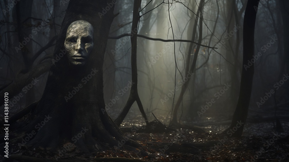Poster a ghostly ethereal face appearing to peer out from the shadowy depths of a mysterious forest clearin
