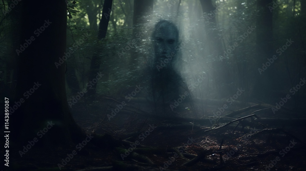Poster ghostly enigmatic face appearing in the shadows of a dark moody forest clearing creating an atmosphe