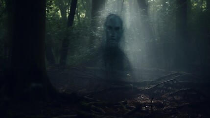 Ghostly enigmatic face appearing in the shadows of a dark moody forest clearing creating an atmospheric supernatural and eerie mood