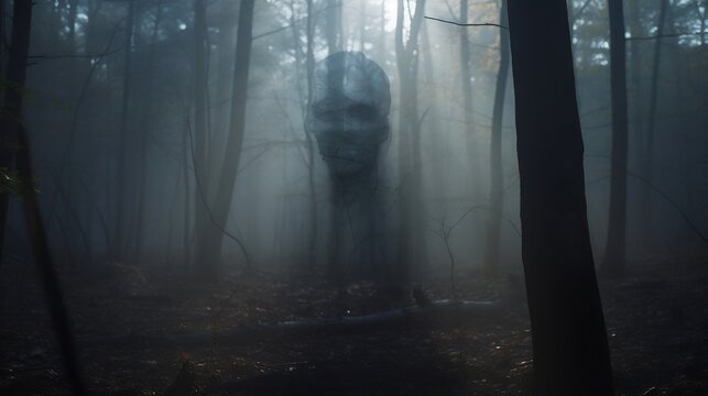 Ghostly ethereal face appearing in the shadows of an eerie mysterious forest clearing  Haunting supernatural presence in a moody atmospheric landscape
