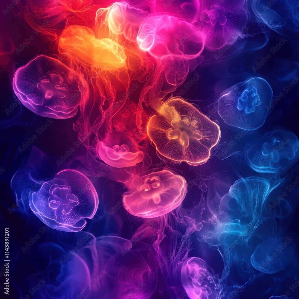 Poster colorful jellyfish create a mesmerizing abstract underwater display in vibrant hues