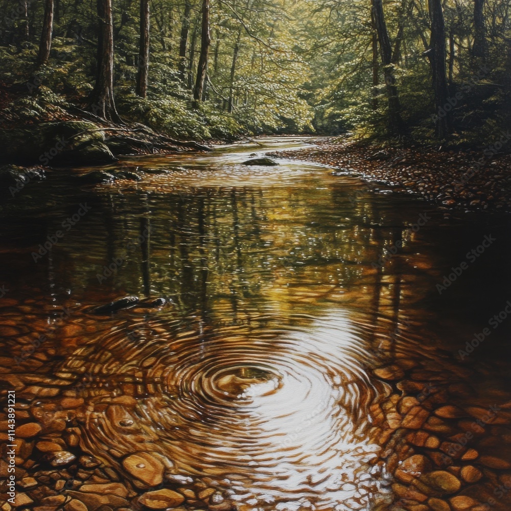 Aufkleber Slow-moving river surface with gentle ripples reflecting trees and stones in a serene forest setting