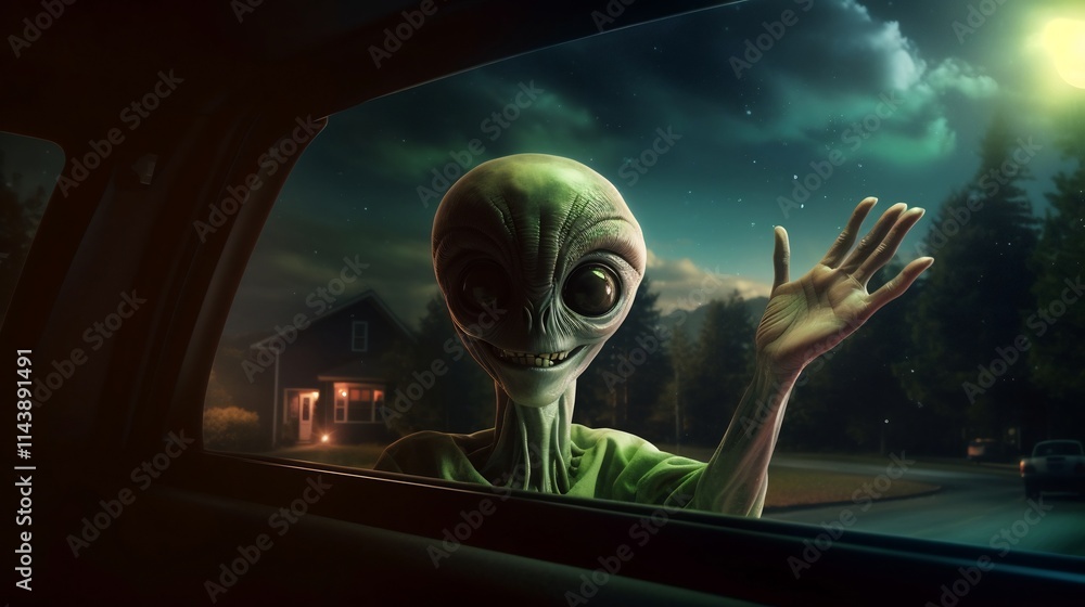 Poster a friendly whimsical alien waves enthusiastically from the window of a brightly lit futuristic ufo f