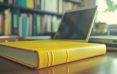 Yellow Book Rests Near Laptop and Bookshelf