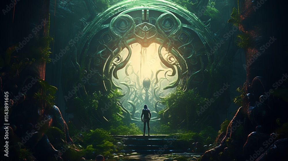 Poster captivating image of an alien creature with tentacles emerging from a shimmering portal in the middl