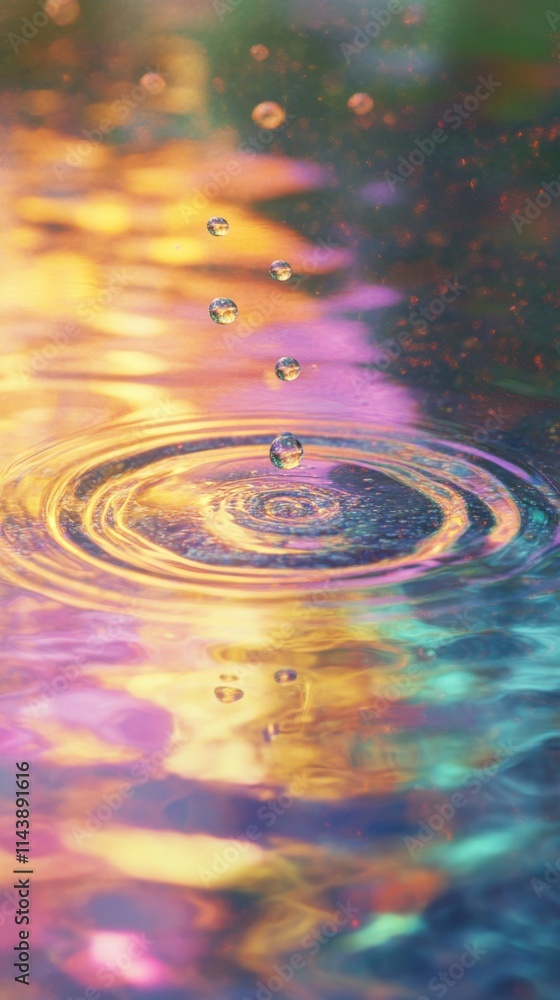 Poster Close-up of rain droplets creating ripples on colorful water surface at dusk