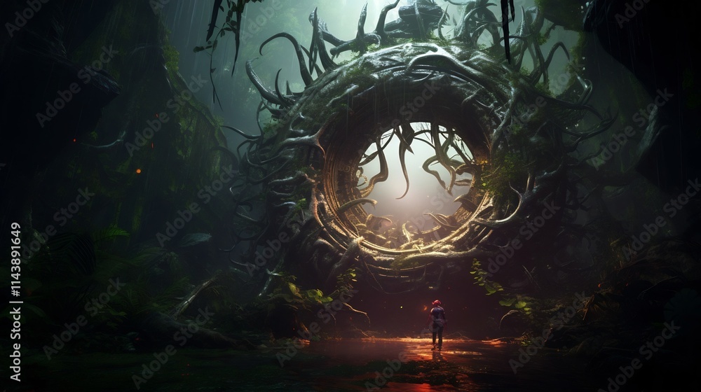 Poster alien tentacle creature with otherworldly features emerging from a shimmering dimensional portal in 