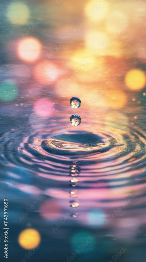 Leinwandbilder close-up of rain droplets creating ripples on a tranquil surface during a colorful evening setting