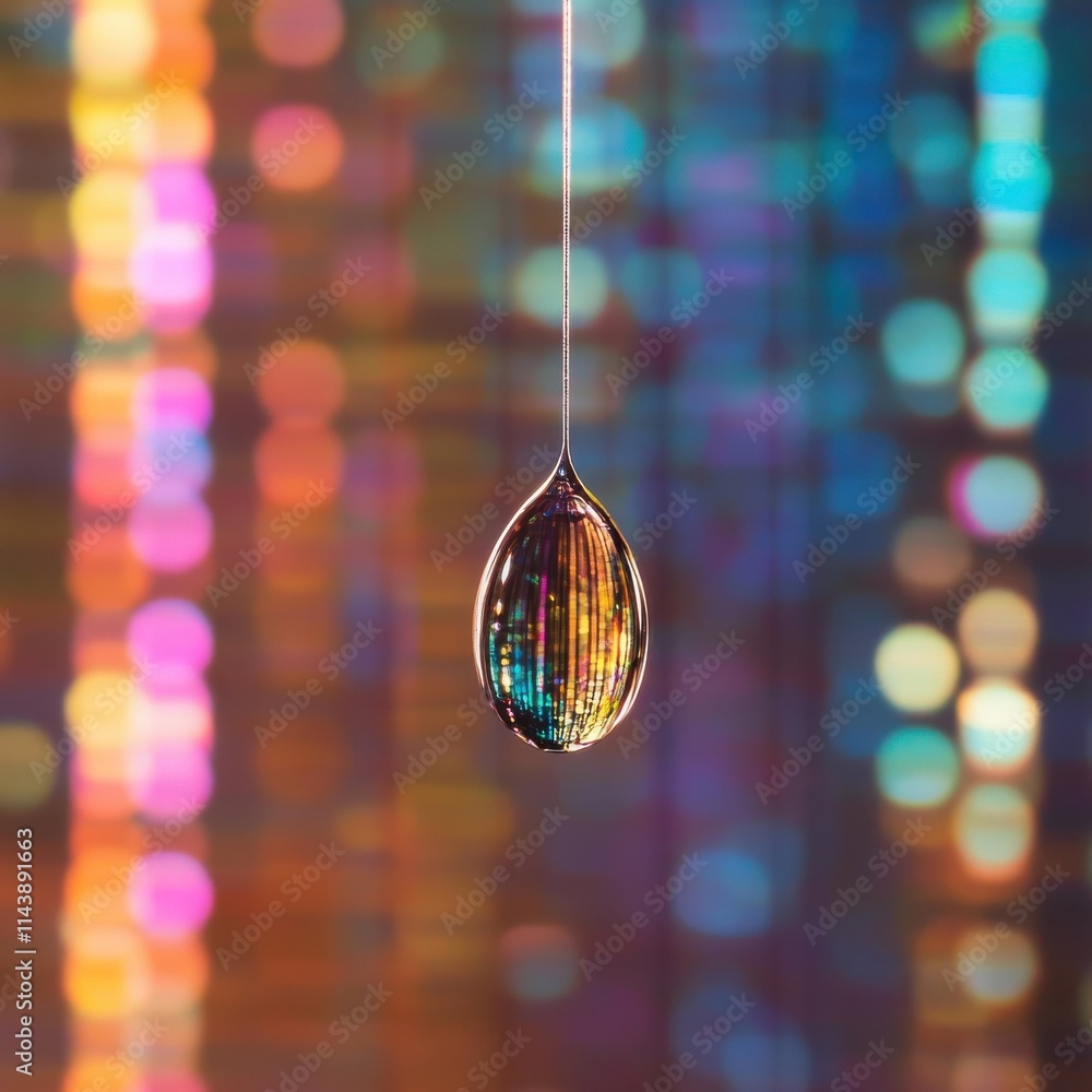 Aufkleber close-up of a colorful droplet suspended in vibrant light reflections in an abstract background