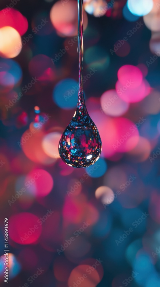 Poster close-up of a water droplet suspended in colorful bokeh with vibrant hues and blurred backgrounds