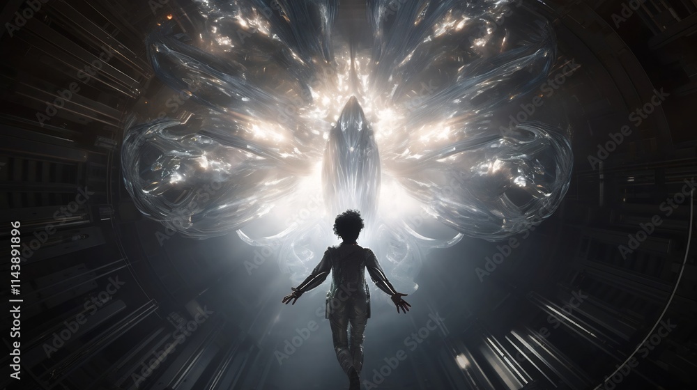 Poster ethereal alien entity made of pure light floating weightlessly in a futuristic zero gravity space st