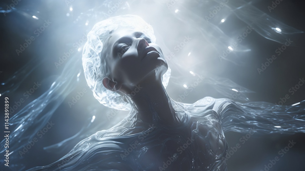 Poster ethereal alien entity made of pure light floating in a zero gravity space station