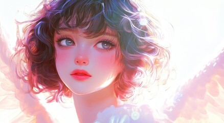 Beautiful anime girl with angel wings, light pink and white, soft lighting, white background