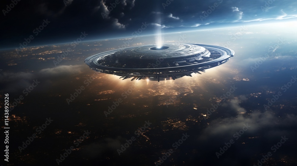 Poster imposing alien mothership floating in earth s orbit casting dramatic shadows on the planet below in 