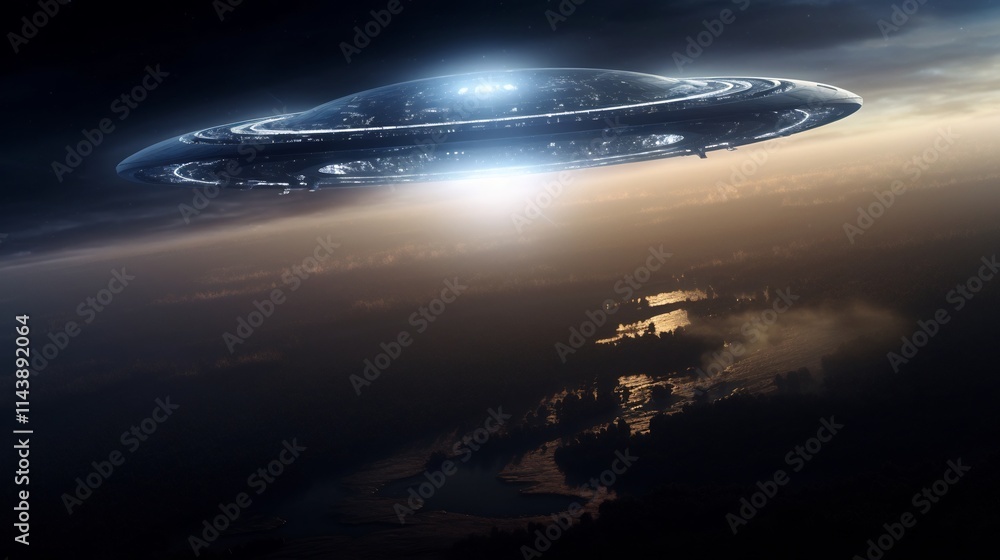 Poster massive alien mothership a colossal celestial vessel floating in earth s orbit and casting eerie sha