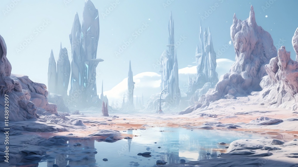 Poster captivating image of an otherworldly alien landscape featuring bizarre rock formations and ethereal 