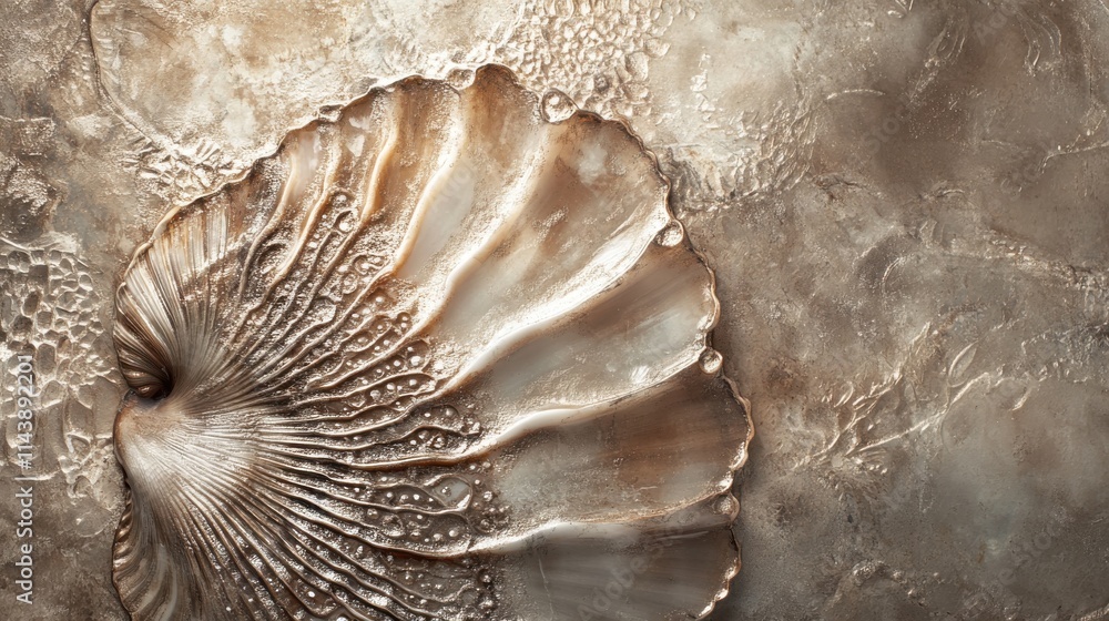 Poster Close-up view of a textured seashell showcasing intricate patterns and details on a natural surface